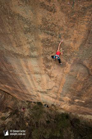 Monique Forestier made the third ascent of Microcosm (31), a beautiful thin 50-metre face on the Coke Ovens cliff, in the Wolgan Valley, Blue Mountains, NSW, Australia.