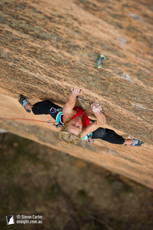 Monique Forestier made the third ascent of Microcosm (31), a beautiful thin 50-metre face on the Coke Ovens cliff, in the Wolgan Valley, Blue Mountains, NSW, Australia.